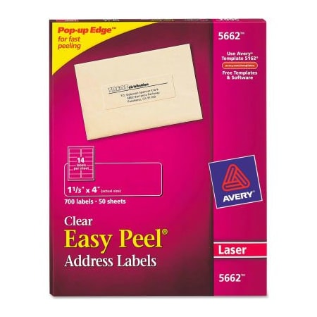 Avery Avery Easy Peel Laser Mailing Labels, 1-1/3 x 4, Clear, 700/Box 5662